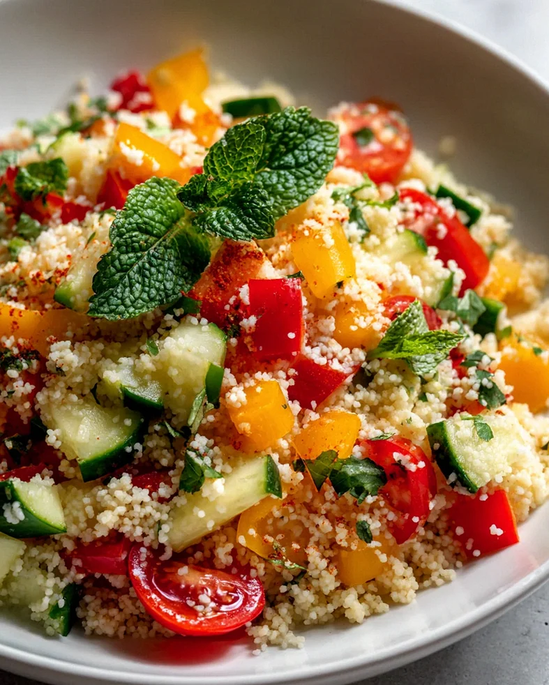 Bunter Couscous Salat mit frischem Gemüse und Kräutern genießen