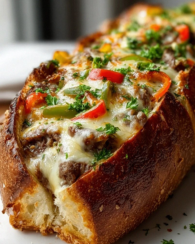 Philly Cheesesteak gefülltes Knoblauchbrot